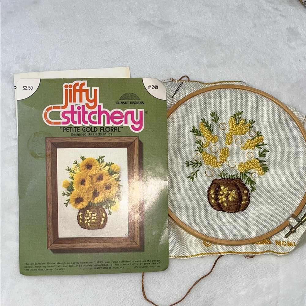 Jiffy Stichery “petite gold floral” by Betty Miles Needle point kit.